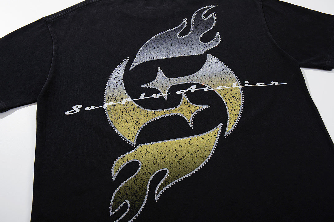 Vintage Cloud Cherub Black Vintage‑Washed Double‑Sided Graphic Print Crew‑Neck Streetwear T‑Shirt