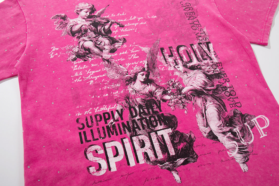Spirit Angel Hot‑Pink Vintage‑Washed Double‑Sided Graphic Print Crew‑Neck Streetwear T‑Shirt
