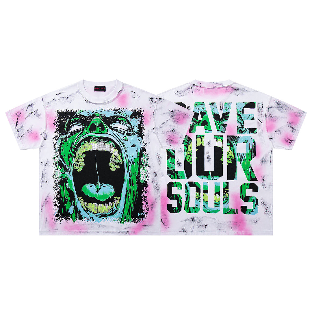 Save Our Souls Pink‑Green Tie‑Dye Double‑Sided Graphic Print Crew‑Neck Streetwear T‑Shirt