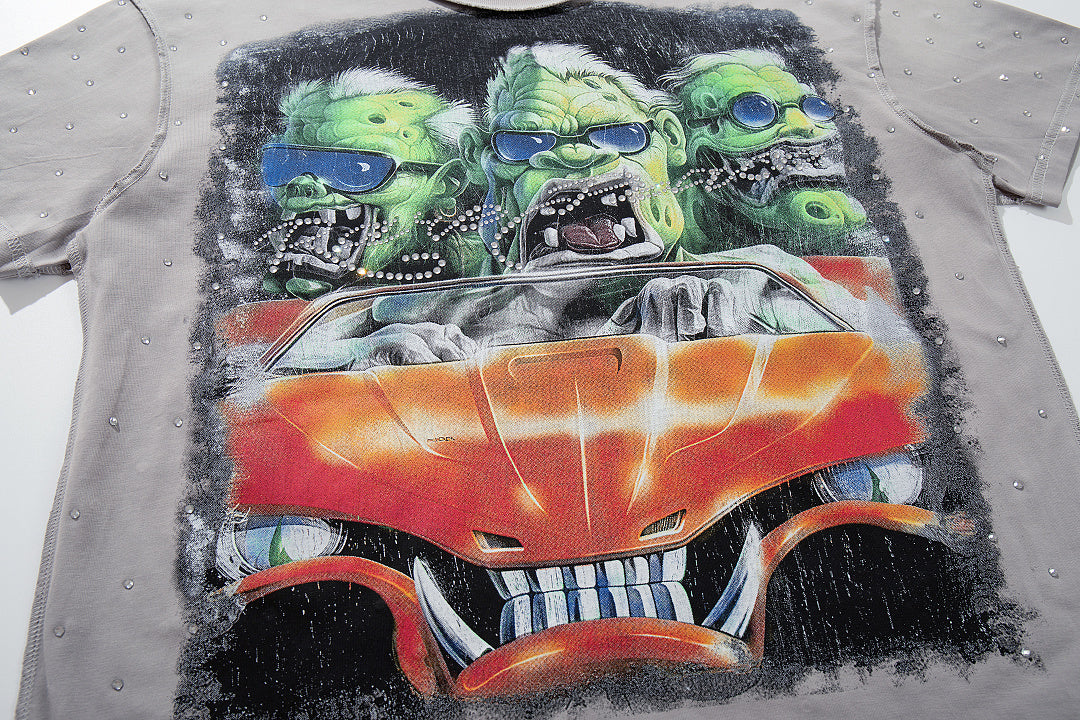 Chaos Race Car Grey Washed Double‑Sided Graphic Print Crew‑Neck Streetwear T‑Shirt