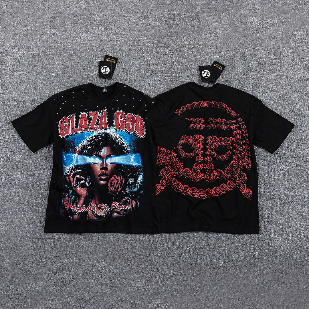 Glazagod Red Portrait Totem Double‑Sided Graphic Print Crew Neck Streetwear T‑Shirt