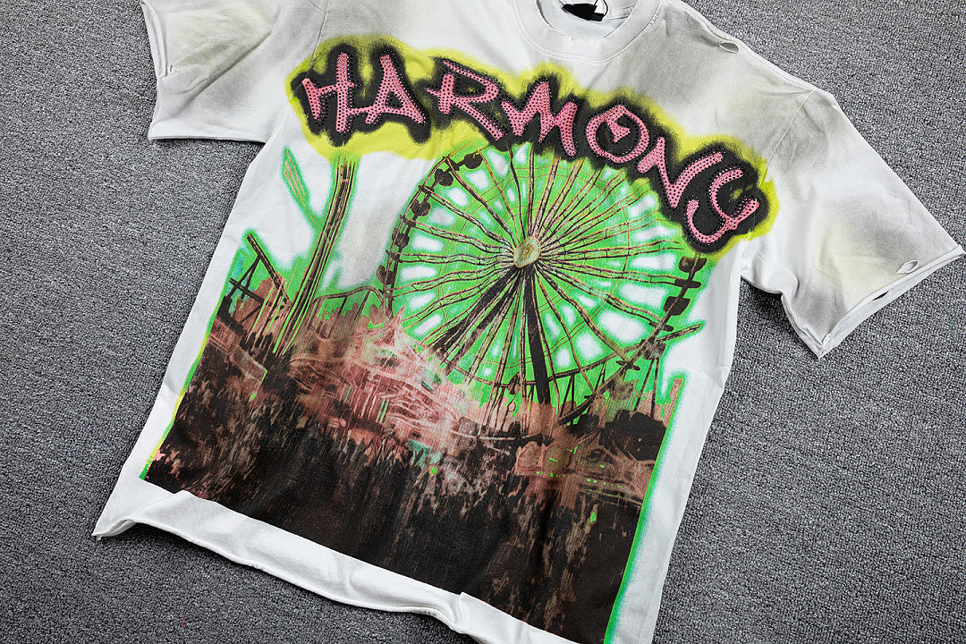 HVM Harmony Ferris Wheel Tie‑Dye White Double‑Sided Graphic Print Crew Neck Streetwear T‑Shirt