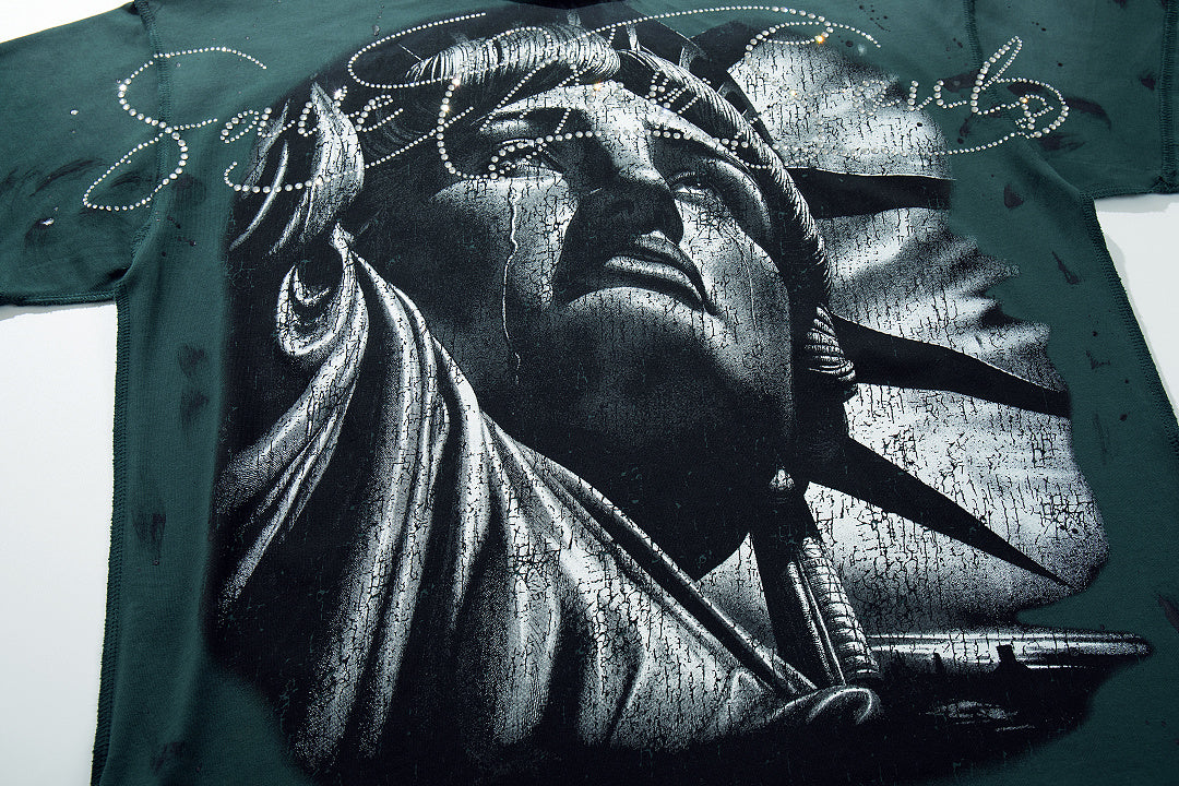 Rare Peace SOS The End Of An Era Dark‑Green Washed Double‑Sided Graphic Print Crew‑Neck Streetwear T‑Shirt