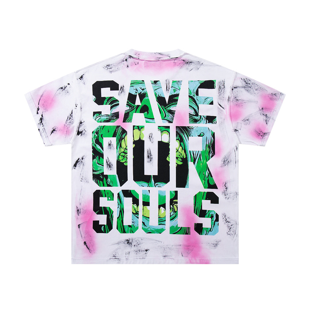 Save Our Souls Pink‑Green Tie‑Dye Double‑Sided Graphic Print Crew‑Neck Streetwear T‑Shirt