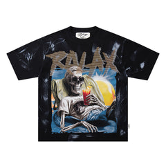 Relax Your Mind Skeleton Black Tie‑Dye Double‑Sided Graphic Print Crew Neck Streetwear T‑Shirt