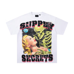 Supply Secrets White Vintage‑Washed Double‑Sided Graphic Print Crew‑Neck Streetwear T‑Shirt