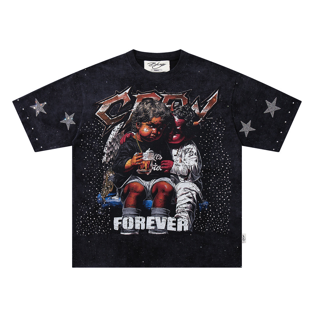 Forever Star Accented Hip‑Hop Portrait Double‑Sided Graphic Print Crew Neck Streetwear T‑Shirt