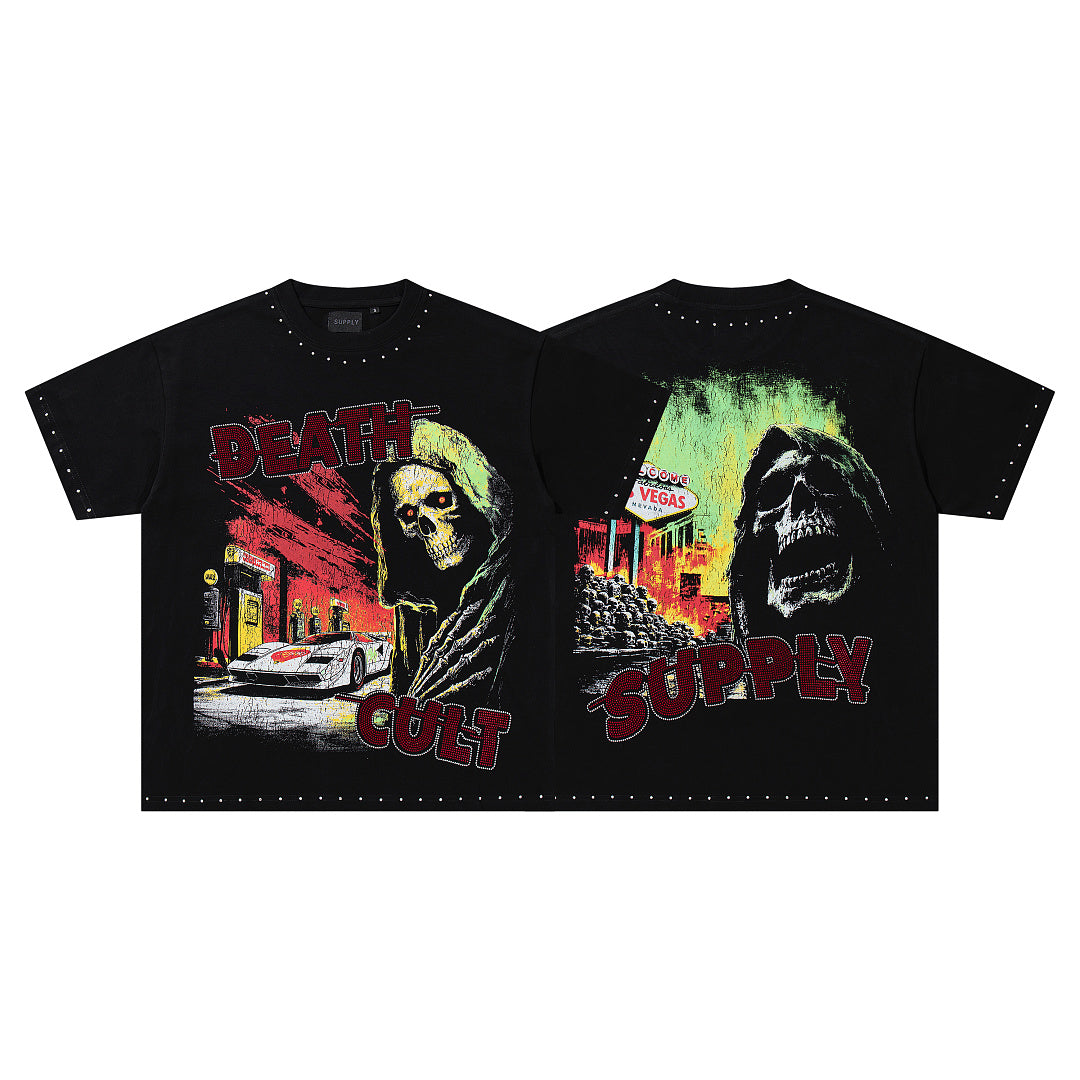 Death Cult Double‑Sided Graphic Print Black‑Washed Crew‑Neck Streetwear T‑Shirt