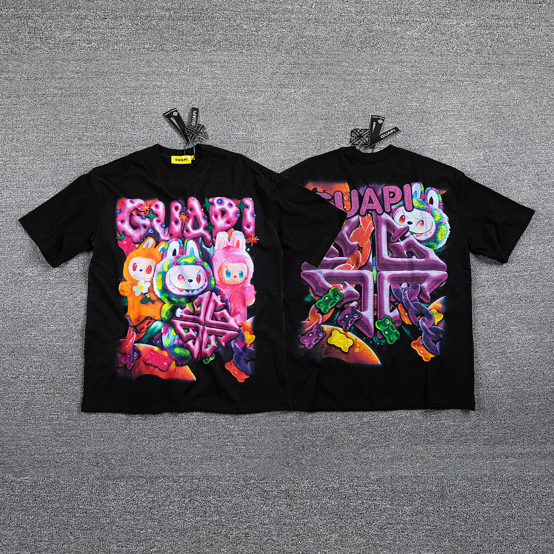 HVM Harmony Psychedelic Cartoon Character Black Double‑Sided Graphic Print Crew Neck Streetwear T‑Shirt
