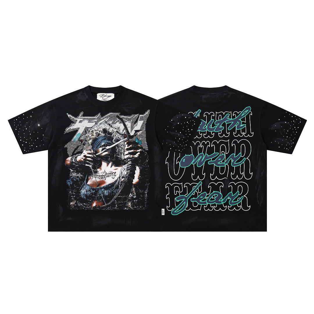 Dark Demon Champion Graffiti Double‑Sided Graphic Print Crew Neck Streetwear T‑Shirt