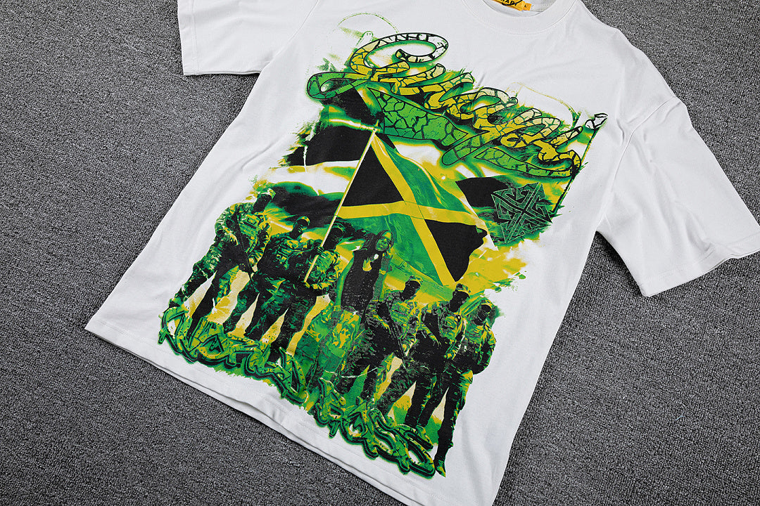 Jamaica Flag Portrait Double‑Sided Graphic Print Crew Neck Streetwear T‑Shirt