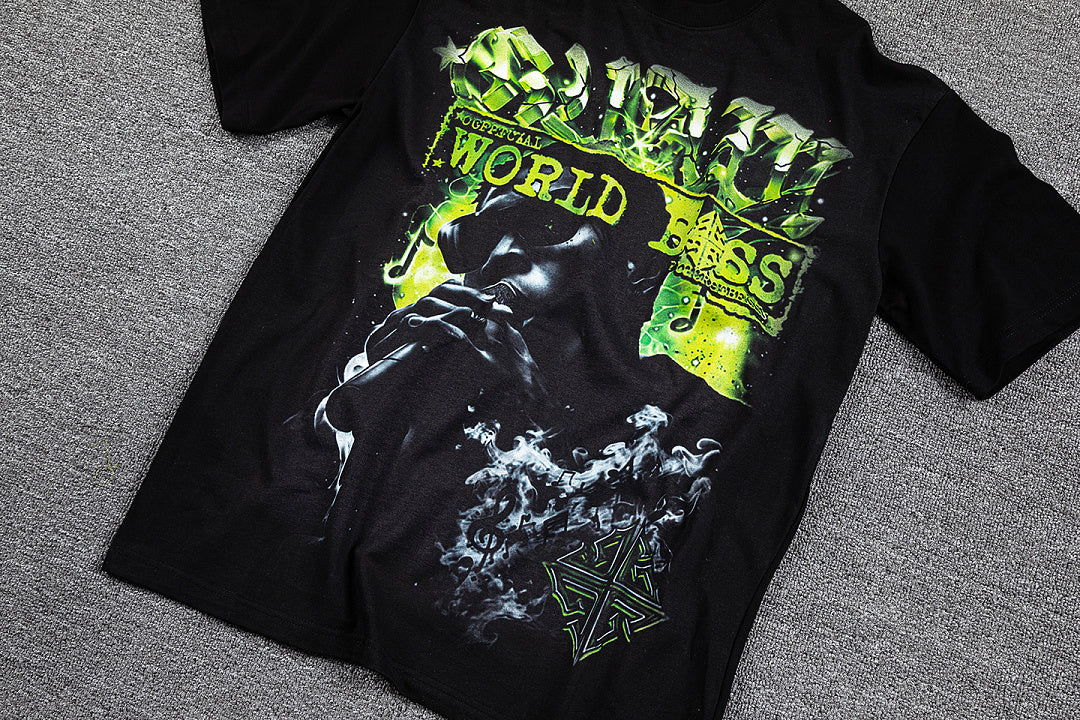 HVM Harmony Neon Green Abstract Figure Black Double‑Sided Graphic Print Crew Neck Streetwear T‑Shirt