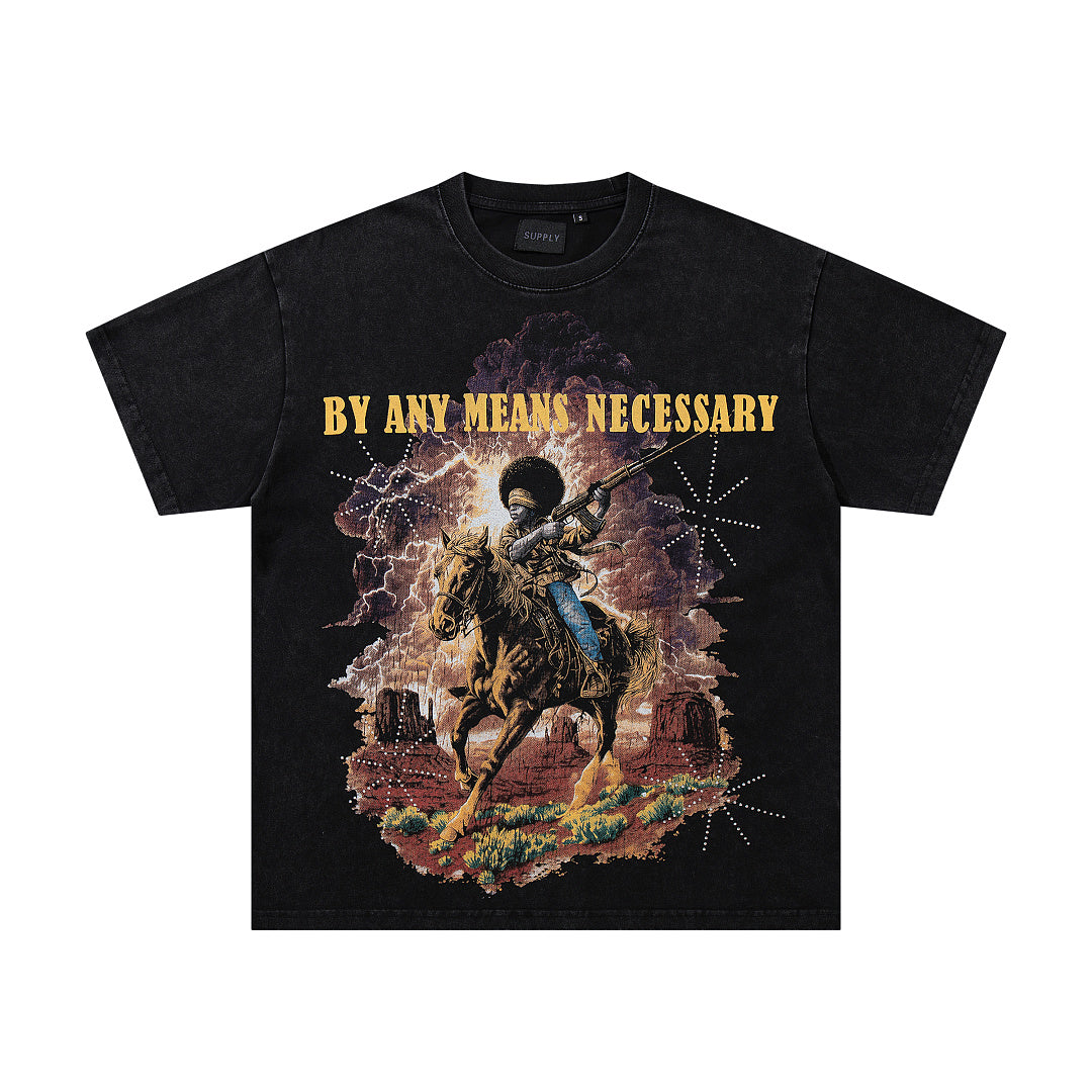 Vintage Cowboy Warrior Black Vintage‑Washed Double‑Sided Graphic Print Crew‑Neck Streetwear T‑Shirt