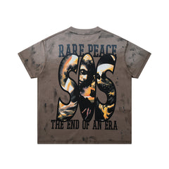 Rare Peace The End Of An Era Brown‑Washed Double‑Sided Graphic Print Crew‑Neck Streetwear T‑Shirt