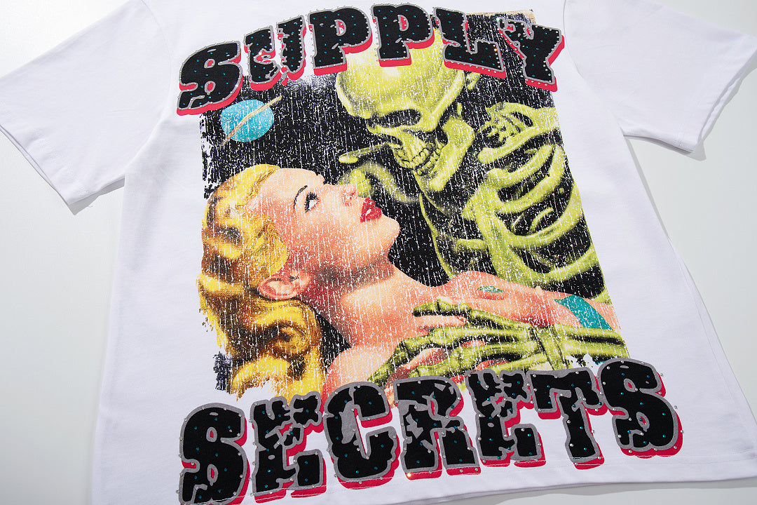 Supply Secrets White Vintage‑Washed Double‑Sided Graphic Print Crew‑Neck Streetwear T‑Shirt