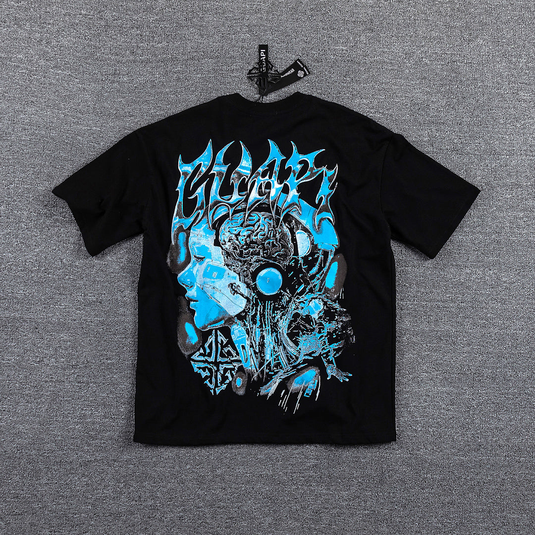 Blue Cyan Skull Demon Double‑Sided Graphic Print Crew Neck Streetwear T‑Shirt