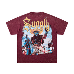 Rebellion Double‑Sided Graphic Print Burgundy‑Washed Crew‑Neck Streetwear T‑Shirt