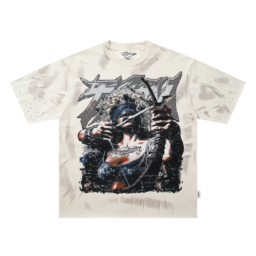 Dark Demon Champion Off‑White Washed Double‑Sided Graphic Print Crew Neck Streetwear T‑Shirt