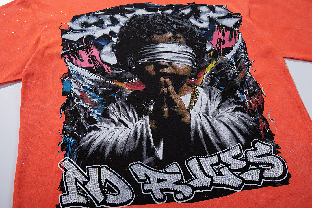 Rockstar Skull Graffiti Orange Washed Graphic Print Crew Neck Streetwear T‑Shirt
