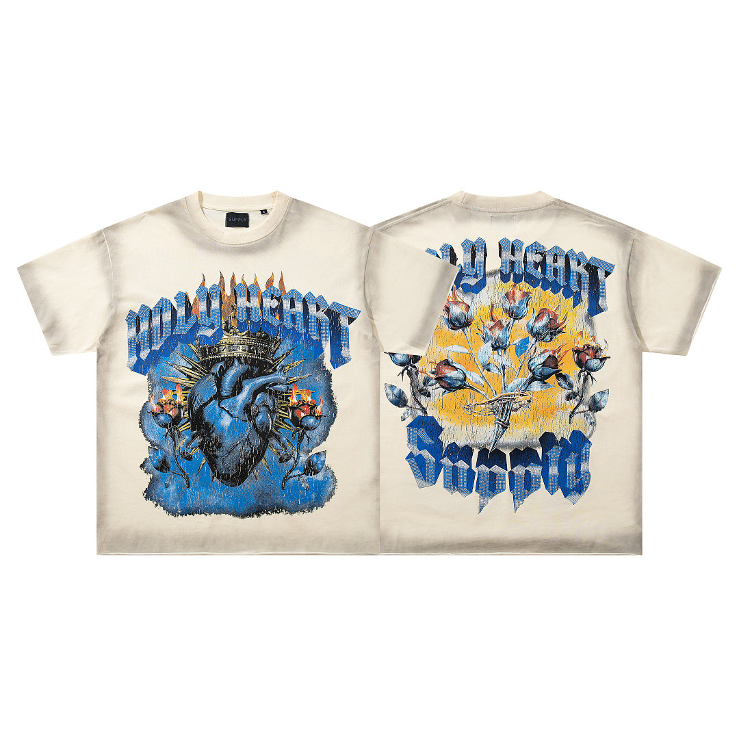 World Might Survive Off‑White Vintage‑Washed Double‑Sided Graphic Print Crew‑Neck Streetwear T‑Shirt