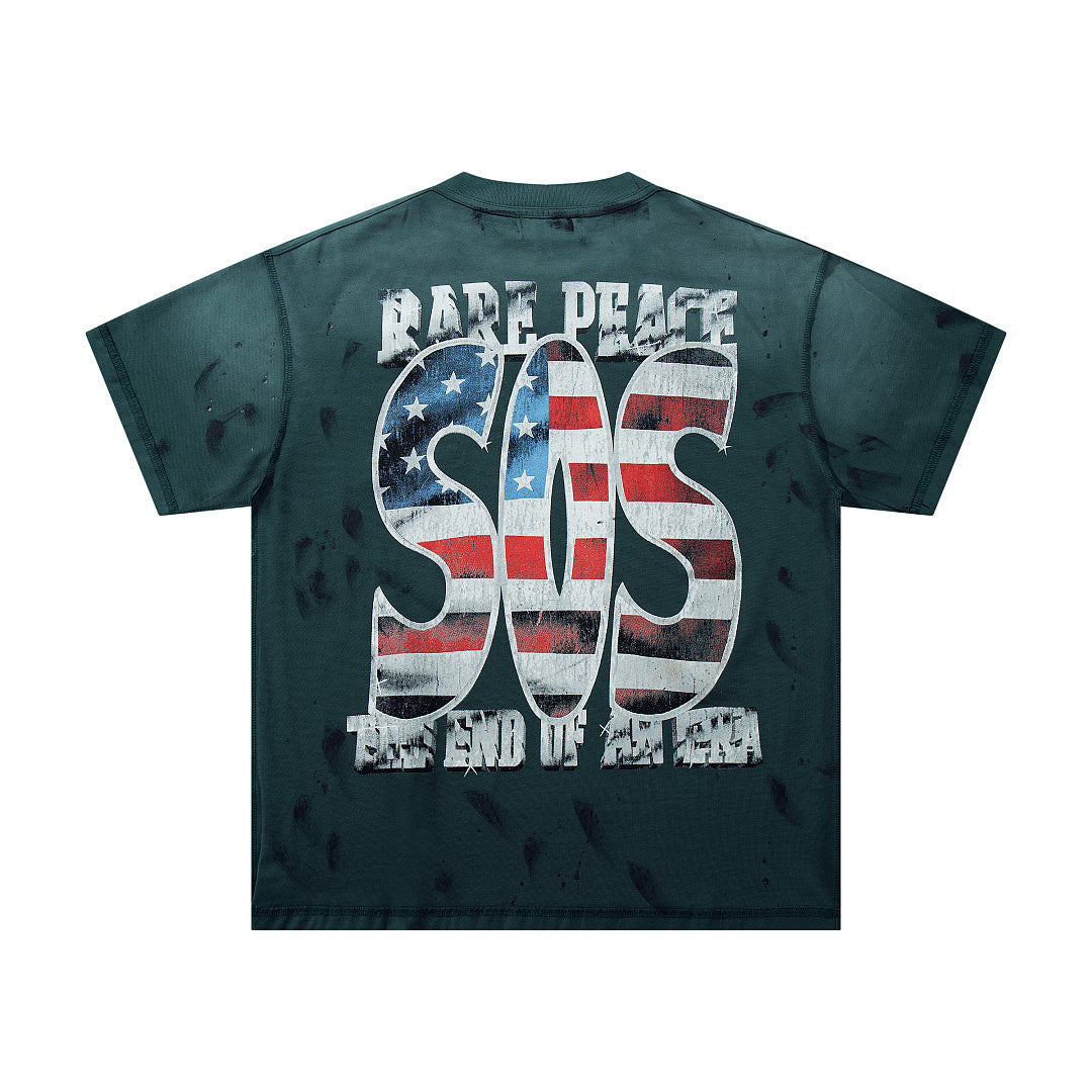 Rare Peace SOS The End Of An Era Dark‑Green Washed Double‑Sided Graphic Print Crew‑Neck Streetwear T‑Shirt