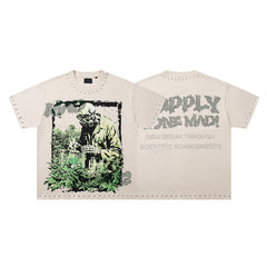 Green Skull Warrior Beige Vintage‑Washed Double‑Sided Graphic Print Crew‑Neck Streetwear T‑Shirt
