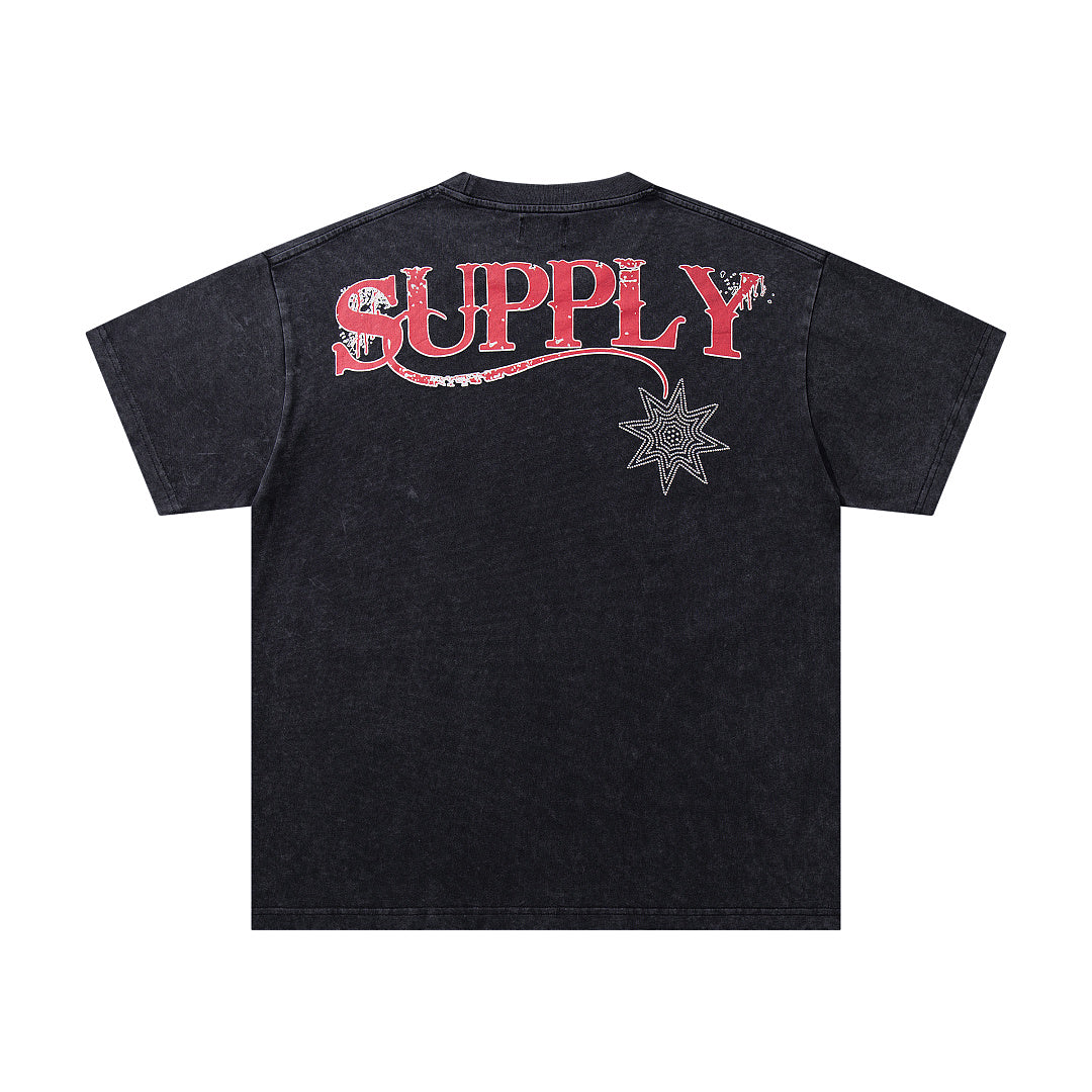Nature Beast Black Vintage‑Washed Double‑Sided Graphic Print Crew‑Neck Streetwear T‑Shirt