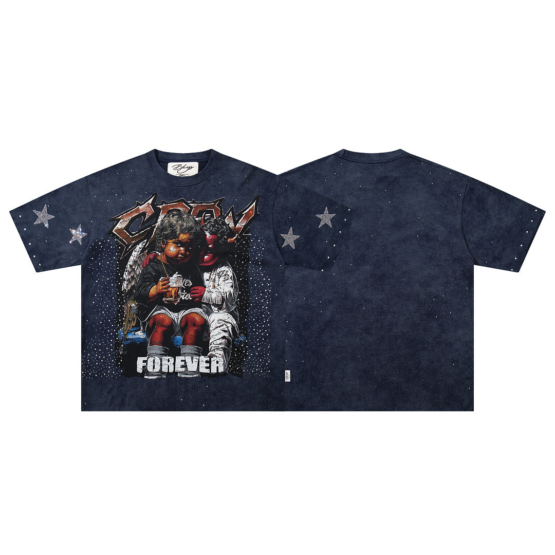 Forever Star‑Accented Dark Blue Hip‑Hop Portrait Double‑Sided Graphic Print Crew Neck Streetwear T‑Shirt