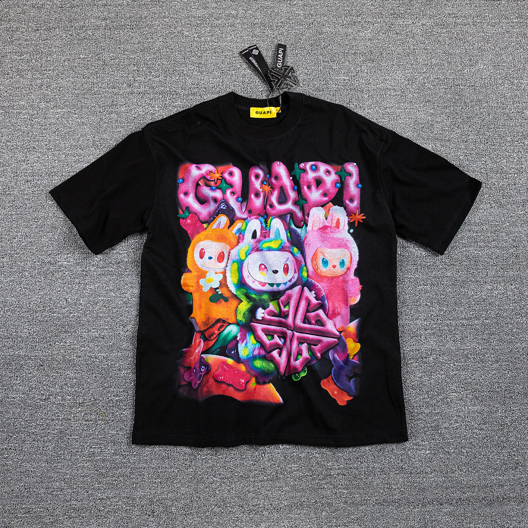 HVM Harmony Psychedelic Cartoon Character Black Double‑Sided Graphic Print Crew Neck Streetwear T‑Shirt