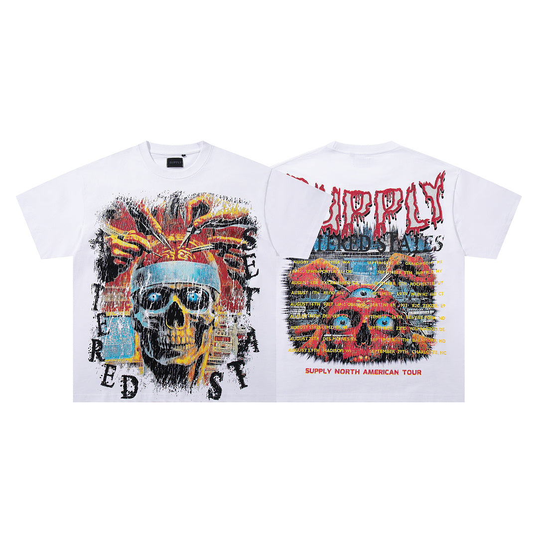 Tribal Skull White Vintage‑Washed Double‑Sided Graphic Print Crew‑Neck Streetwear T‑Shirt