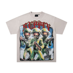 Soldier Troop Beige Vintage‑Washed Double‑Sided Graphic Print Crew‑Neck Streetwear T‑Shirt