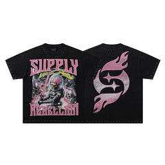 Rebel Skull Black Vintage‑Washed Double‑Sided Graphic Print Crew‑Neck Streetwear T‑Shirt