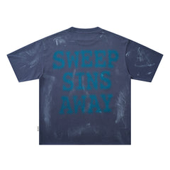 Sweep Sins Away Blue‑Toned Portrait Double‑Sided Graphic Print Crew Neck Streetwear T‑Shirt