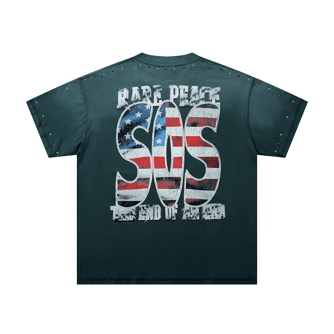 Save Our Souls Dark‑Green Washed Double‑Sided Graphic Print Crew‑Neck Streetwear T‑Shirt
