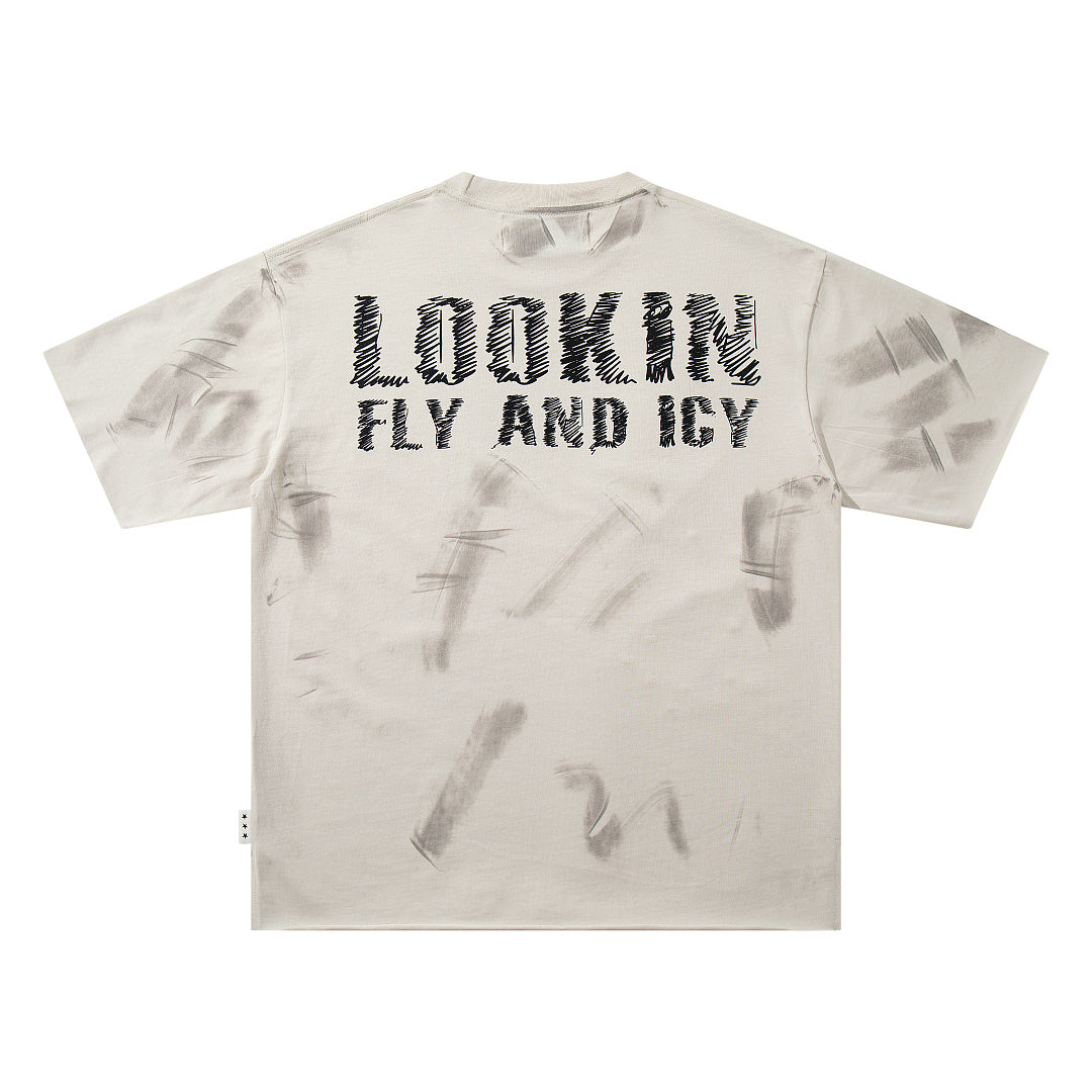 Lookin Fly And Icy Off‑White Washed Skull Hip‑Hop Double‑Sided Graphic Print Crew Neck Streetwear T‑Shirt