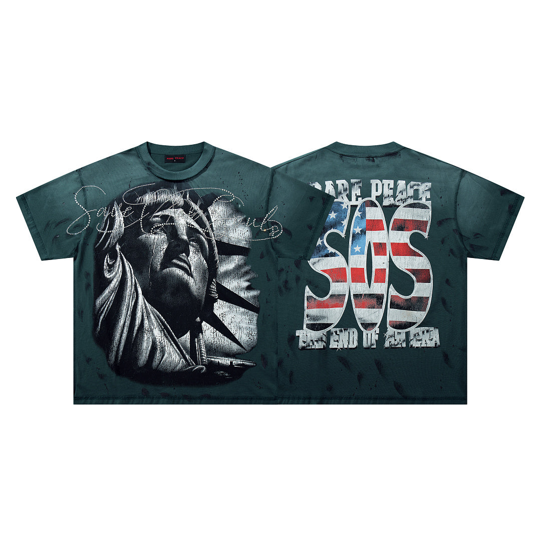 Rare Peace SOS The End Of An Era Dark‑Green Washed Double‑Sided Graphic Print Crew‑Neck Streetwear T‑Shirt