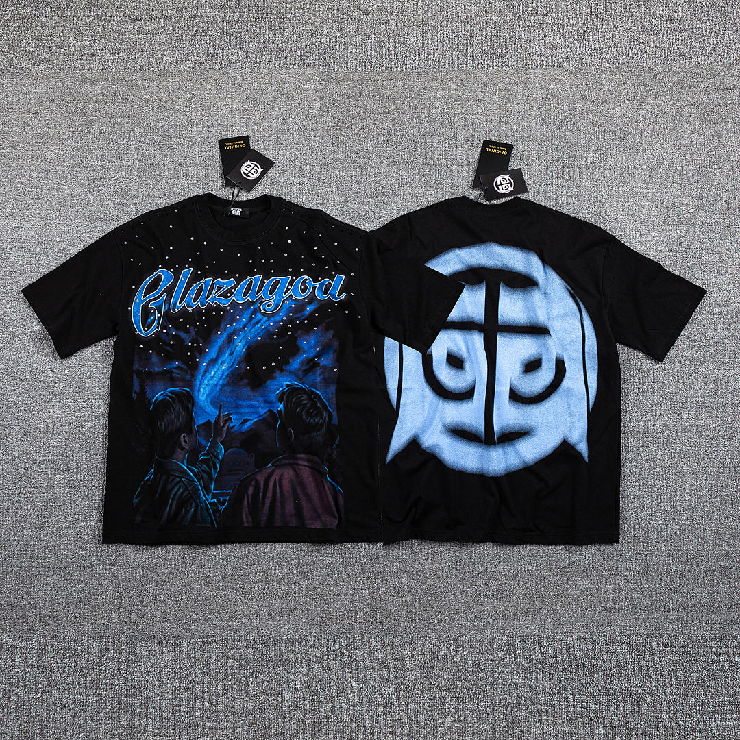 Glazagod Blue Abstract Demon Mask Double‑Sided Graphic Print Crew Neck Streetwear T‑Shirt