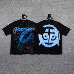 Glazagod Blue Abstract Demon Mask Double‑Sided Graphic Print Crew Neck Streetwear T‑Shirt