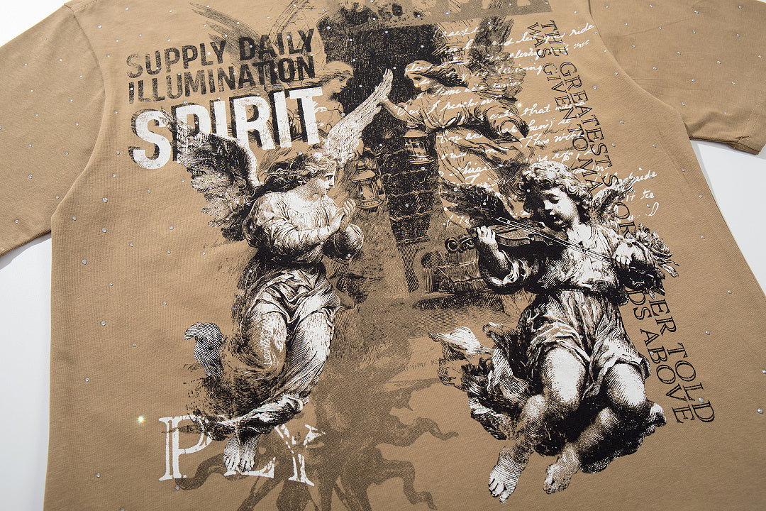 Spirit Angel Khaki Vintage‑Washed Double‑Sided Graphic Print Crew‑Neck Streetwear T‑Shirt