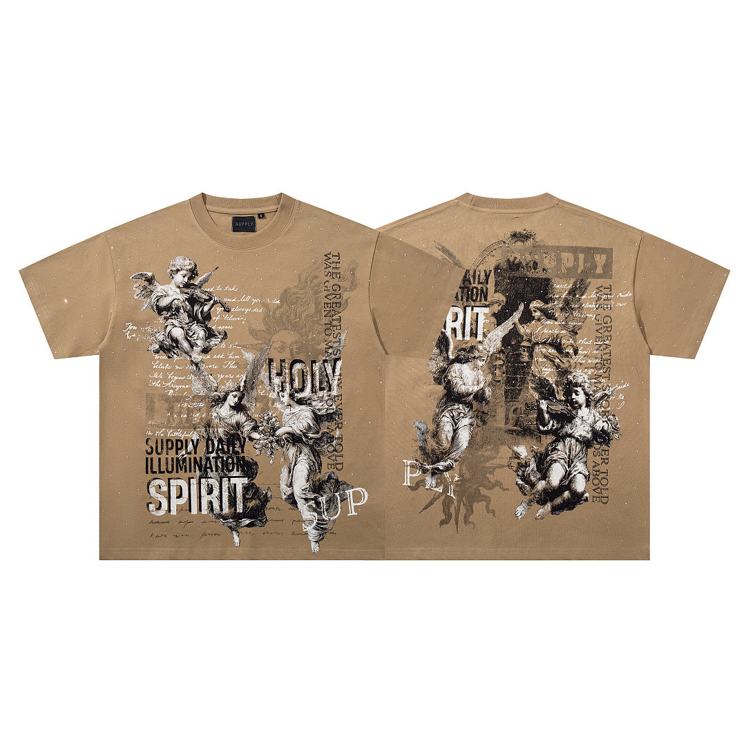 Spirit Angel Khaki Vintage‑Washed Double‑Sided Graphic Print Crew‑Neck Streetwear T‑Shirt