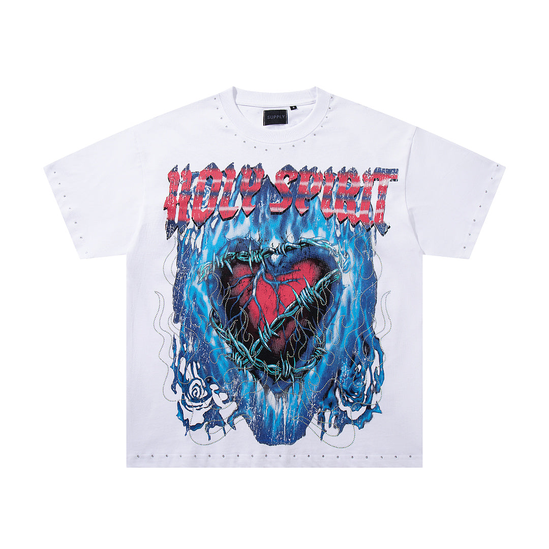 Melting Heart White Vintage‑Washed Double‑Sided Graphic Print Crew‑Neck Streetwear T‑Shirt