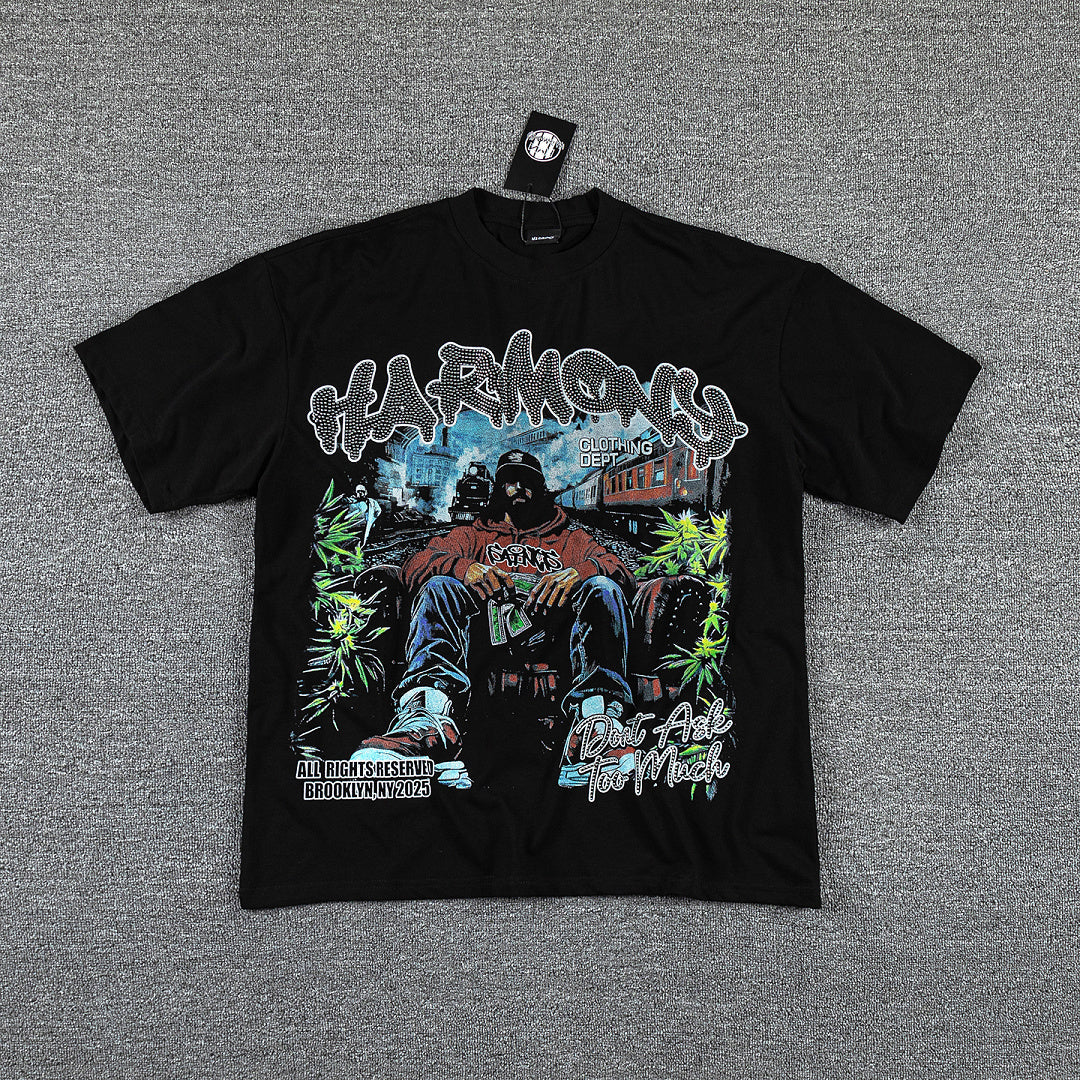 HVM Harmony Wild Western Figure Black Double‑Sided Graphic Print Crew Neck Streetwear T‑Shirt