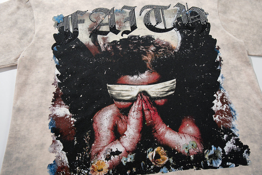 Angel Figure Dripping‑Letter Off‑White Washed Double‑Sided Graphic Print Crew‑Neck Streetwear T‑Shirt
