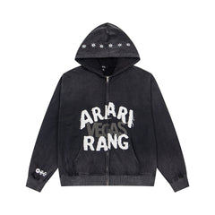 Vintage Black ARARI RANG Letter Print Full‑Zip Hoodie