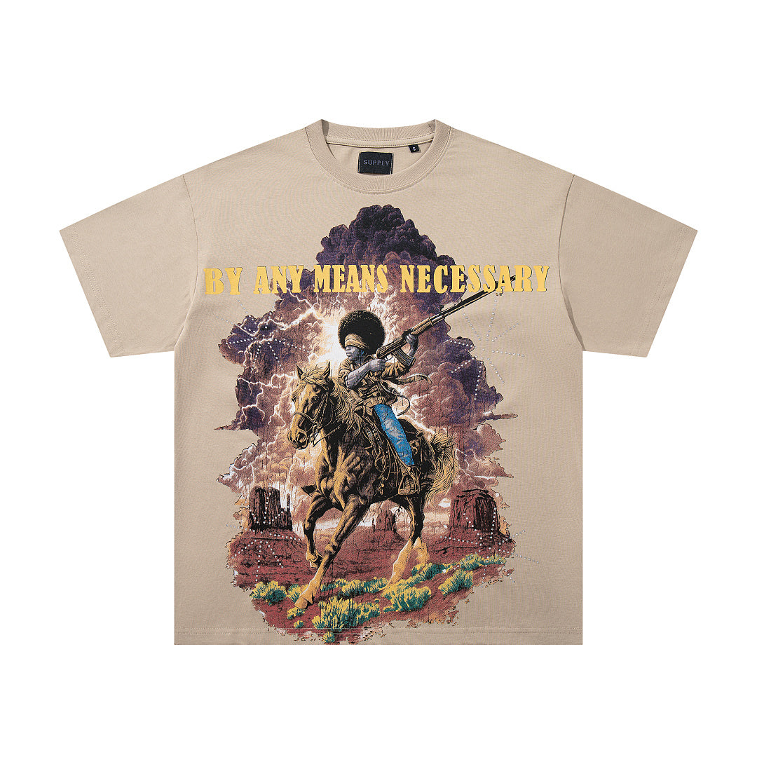Vintage Cowboy Warrior Beige Vintage‑Washed Double‑Sided Graphic Print Crew‑Neck Streetwear T‑Shirt