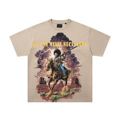 Vintage Cowboy Warrior Beige Vintage‑Washed Double‑Sided Graphic Print Crew‑Neck Streetwear T‑Shirt