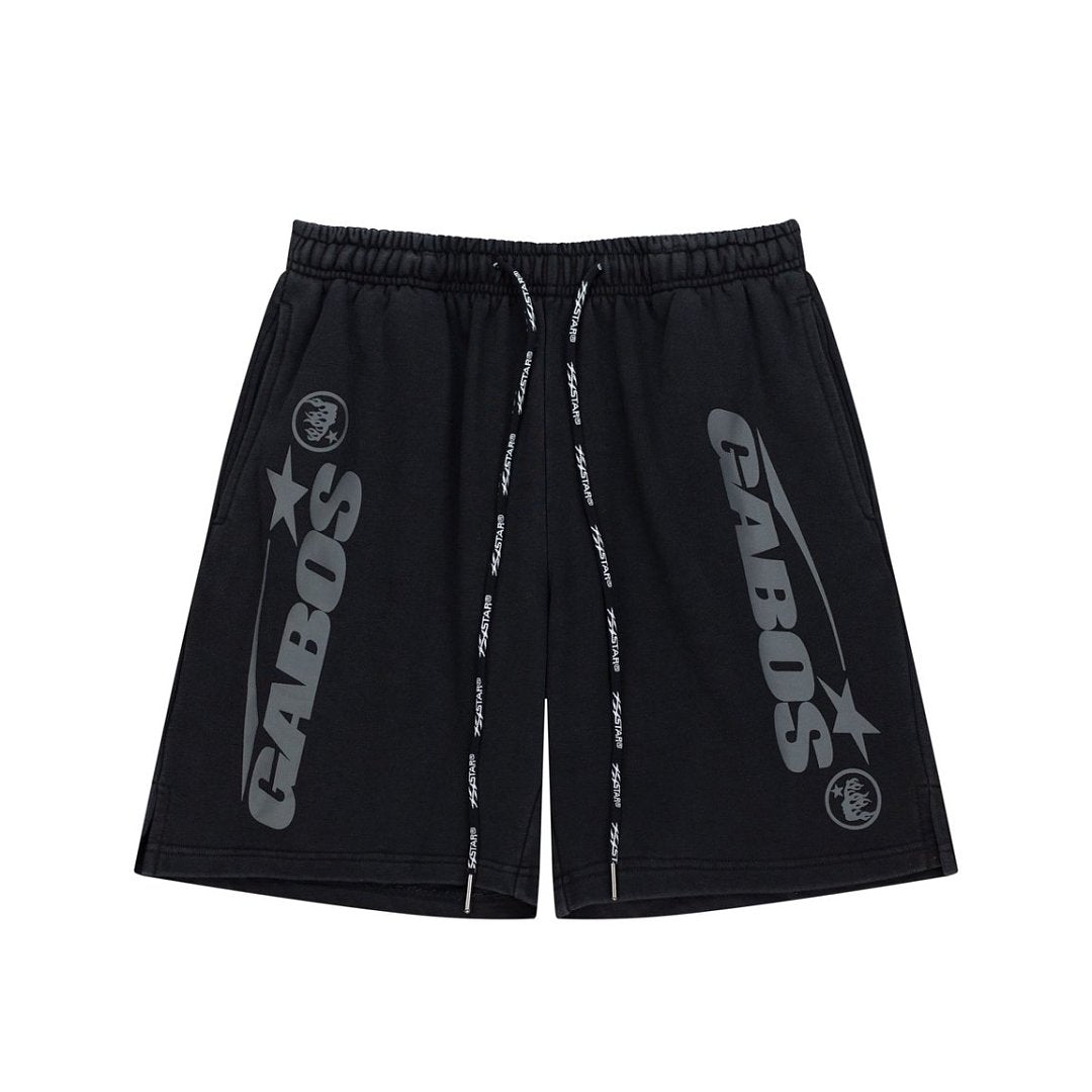 Black Side Letter Graphic Drawstring Loose Street‑Wear Shorts