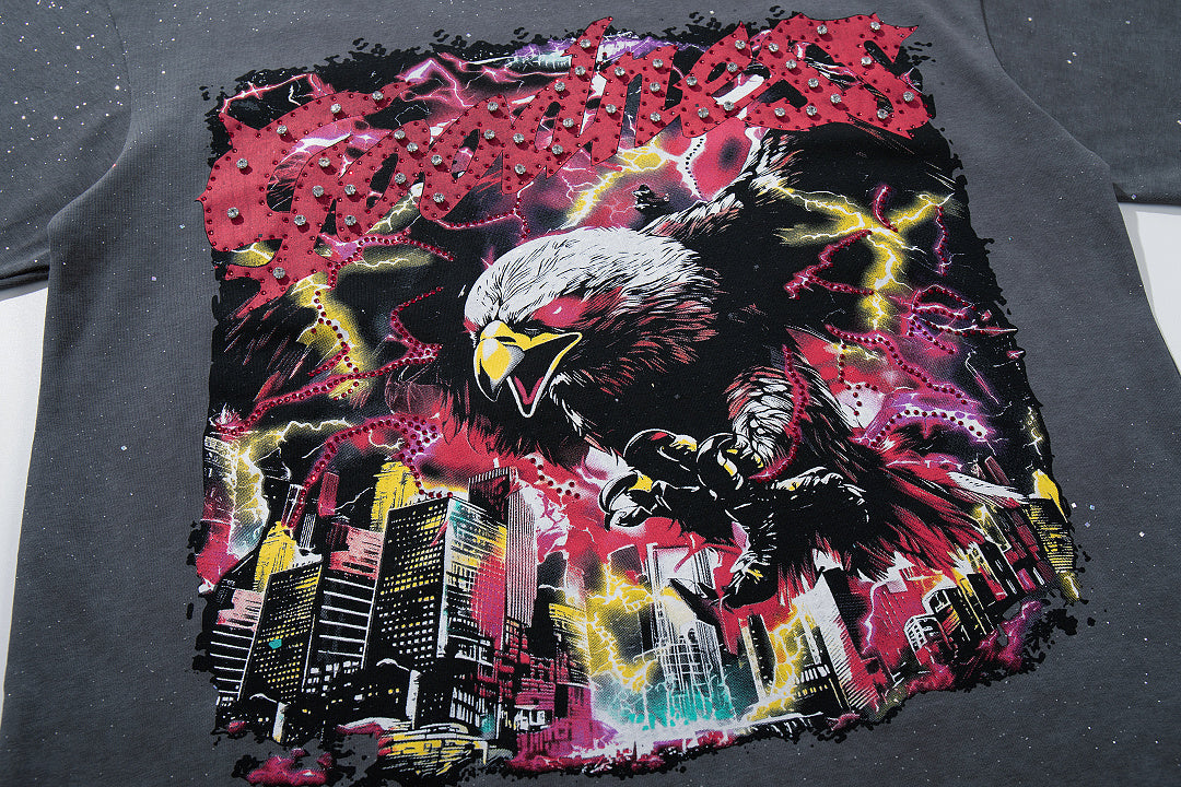 Washed Black Eagle No Mercy Double‑Sided Graphic Print Crew Neck Streetwear T‑Shirt