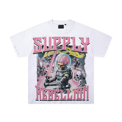 Rebel Skull White Vintage‑Washed Double‑Sided Graphic Print Crew‑Neck Streetwear T‑Shirt