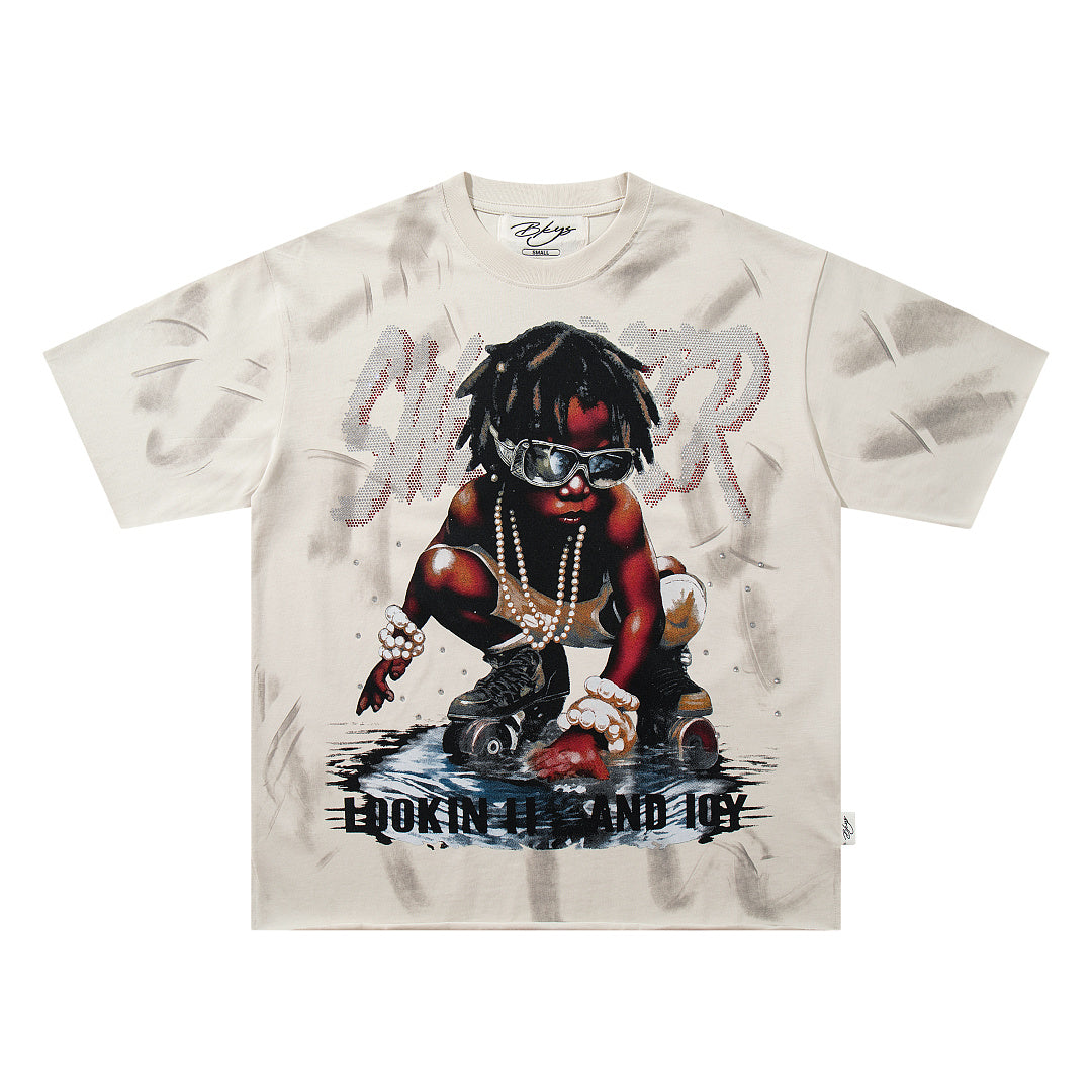 Lookin Fly And Icy Off‑White Washed Skull Hip‑Hop Double‑Sided Graphic Print Crew Neck Streetwear T‑Shirt